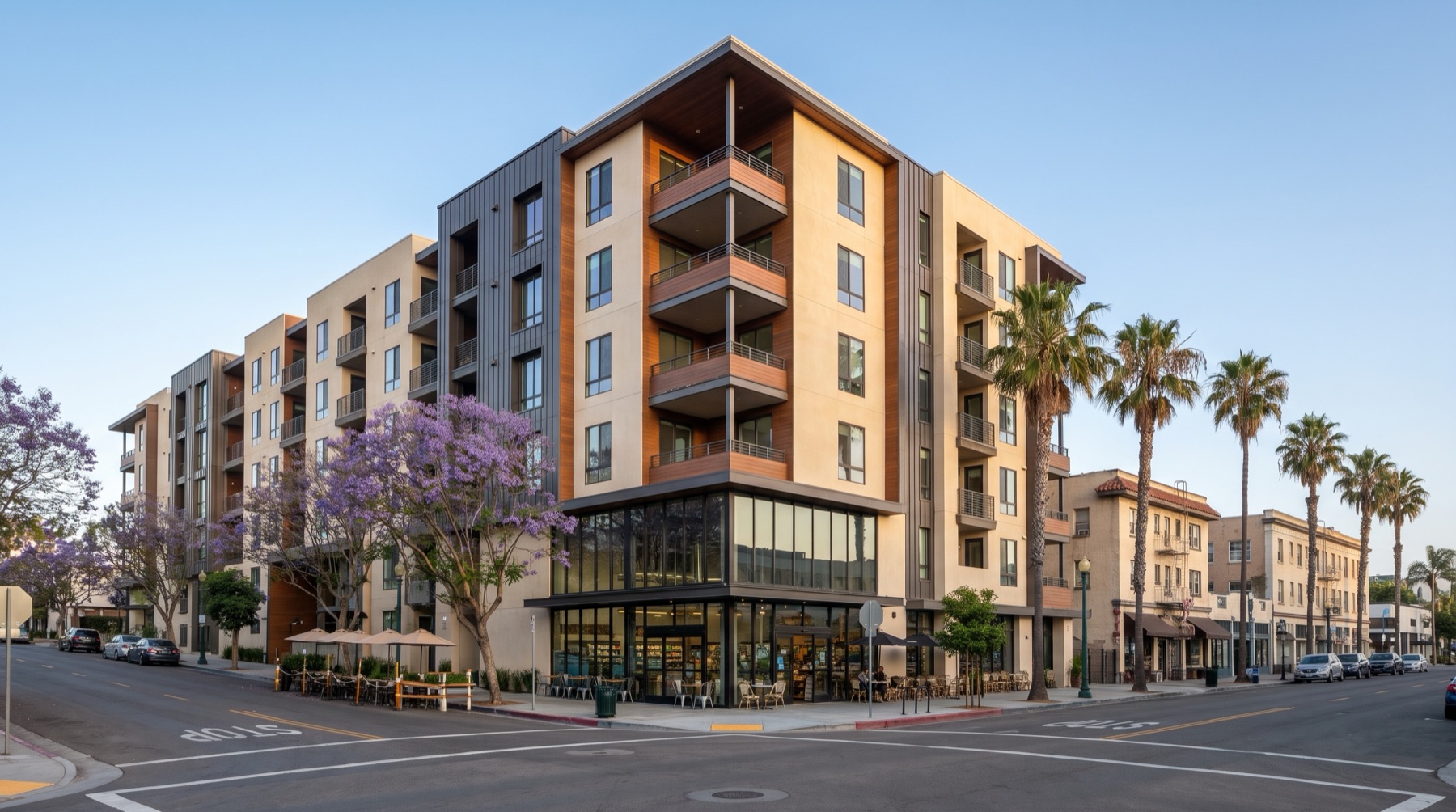 Visualization of a full-block urban apartment building with ground-floor grocery