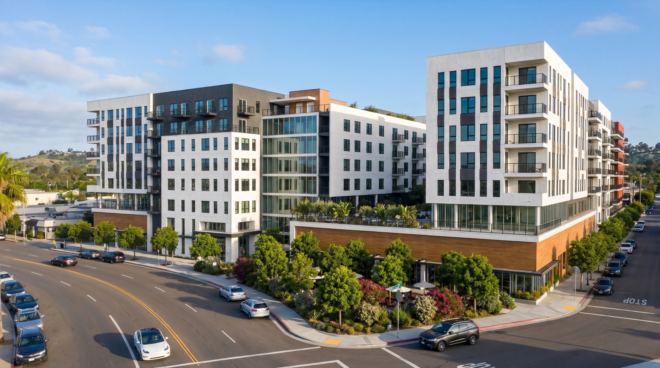 Visualization of a seven-story podium apartment community in San Diego